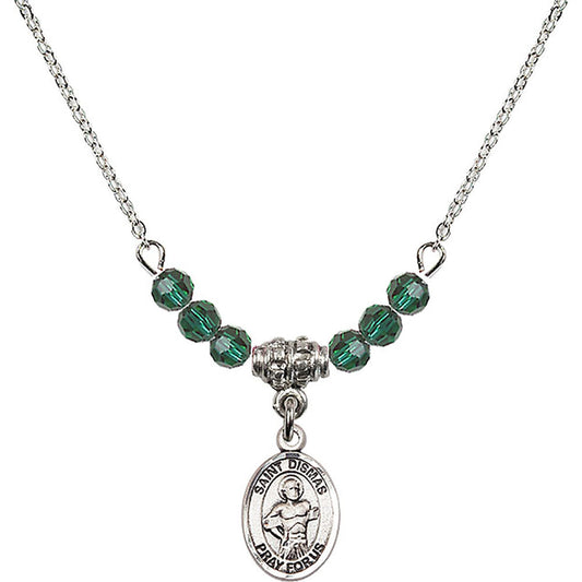 Sterling Silver Saint Dismas Birthstone Necklace with Emerald Beads - 9418