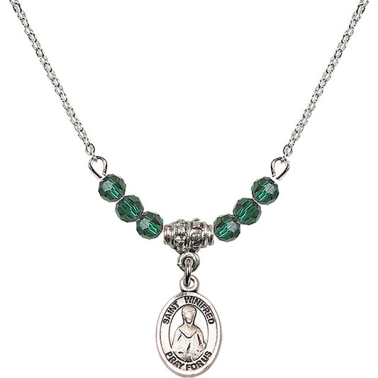 Sterling Silver Saint Winifred of Wales Birthstone Necklace with Emerald Beads - 9419