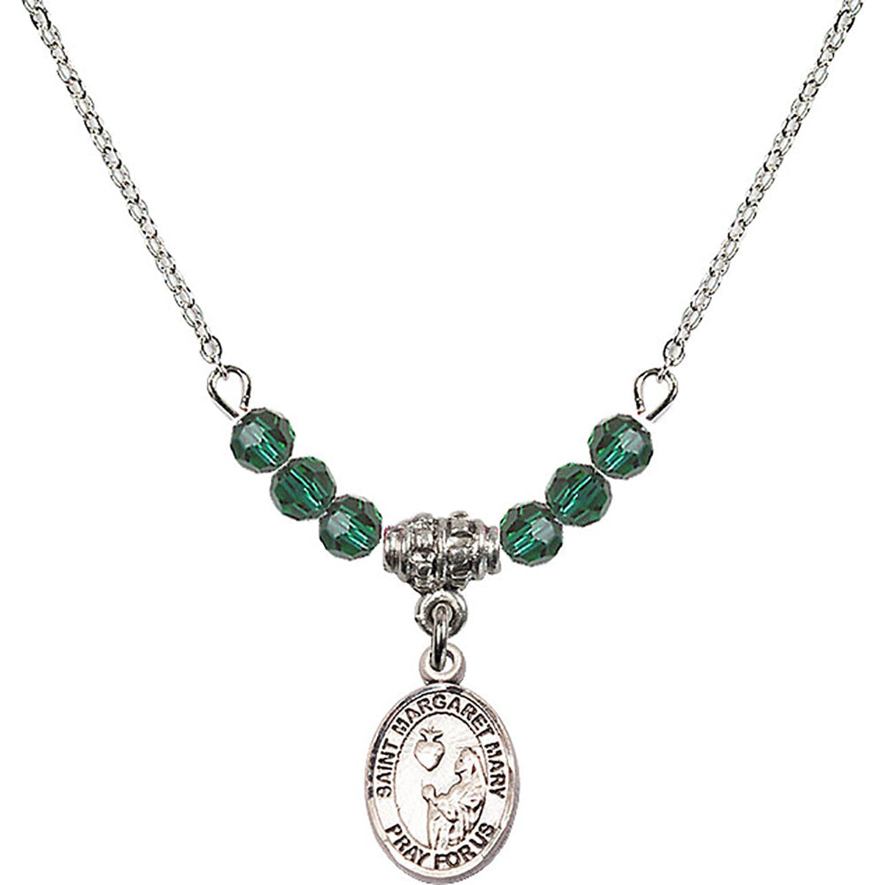 Sterling Silver Saint Margaret Mary Alacoque Birthstone Necklace with Emerald Beads - 9420