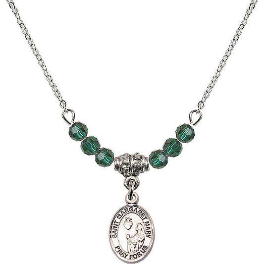 Sterling Silver Saint Margaret Mary Alacoque Birthstone Necklace with Emerald Beads - 9420