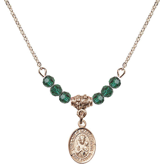 14kt Gold Filled Our Lady of Czestochowa Birthstone Necklace with Emerald Beads - 9421