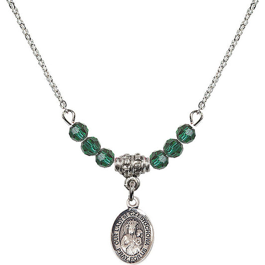 Sterling Silver Our Lady of Czestochowa Birthstone Necklace with Emerald Beads - 9421