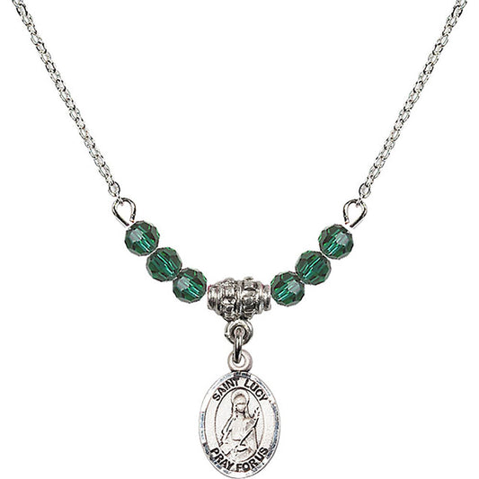 Sterling Silver Saint Lucy Birthstone Necklace with Emerald Beads - 9422