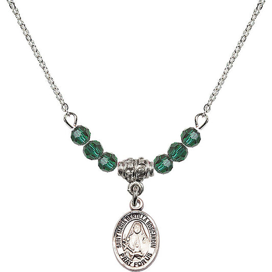 Sterling Silver Saint Maria Bertilla Boscardin Birthstone Necklace with Emerald Beads - 9428