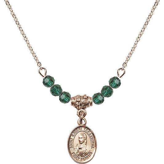 14kt Gold Filled Saint Kateri Tekakwitha Birthstone Necklace with Emerald Beads - 9438