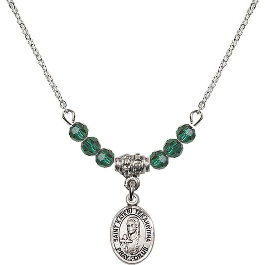 Sterling Silver Saint Kateri Tekakwitha Birthstone Necklace with Emerald Beads - 9438