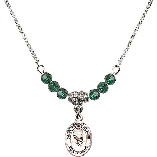 Sterling Silver Saint Peter Claver Birthstone Necklace with Emerald Beads - 9442