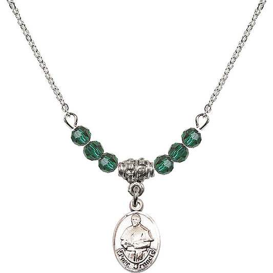 Sterling Silver Pope Francis Birthstone Necklace with Emerald Beads - 9451