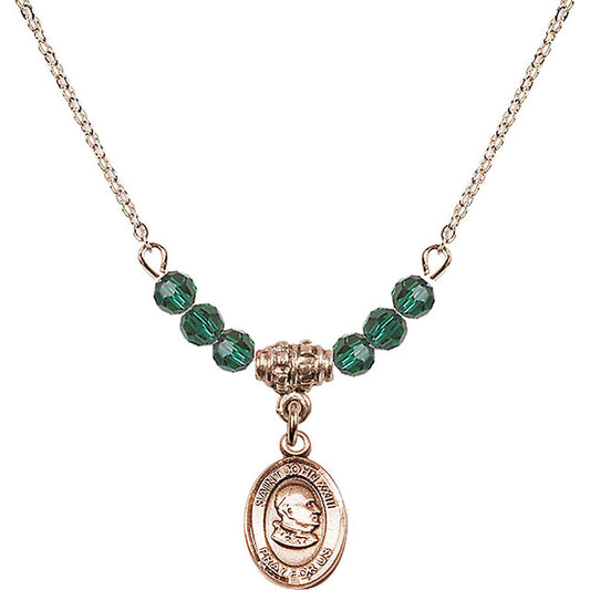 14kt Gold Filled Saint John XXIII Birthstone Necklace with Emerald Beads - 9455