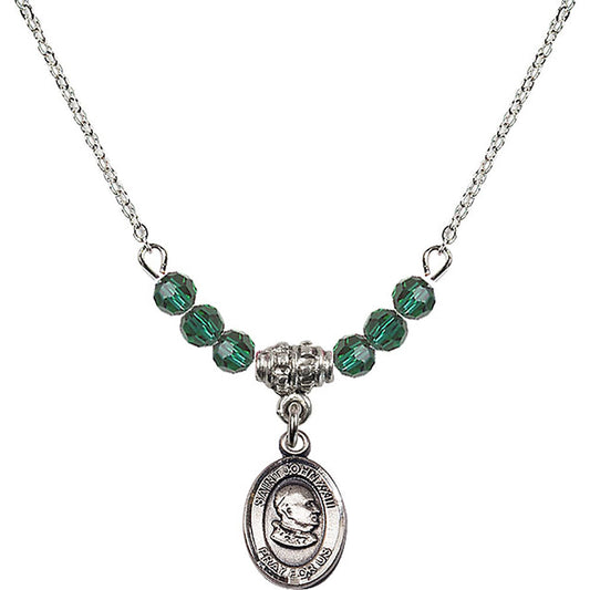 Sterling Silver Saint John XXIII Birthstone Necklace with Emerald Beads - 9455