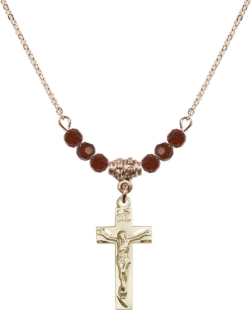 14kt Gold Filled Crucifix Birthstone Necklace with Garnet Beads - 0006