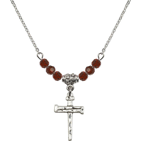 Sterling Silver Nail Cross Birthstone Necklace with Garnet Beads - 0012