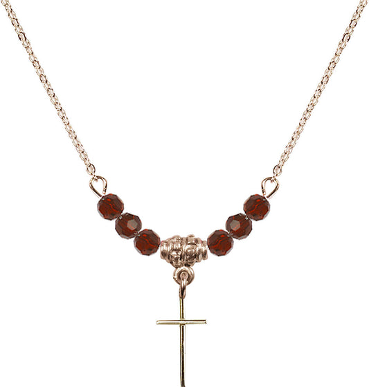 14kt Gold Filled Cross Birthstone Necklace with Garnet Beads - 0014