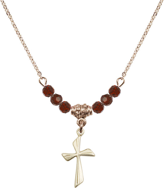 14kt Gold Filled Cross Birthstone Necklace with Garnet Beads - 0016