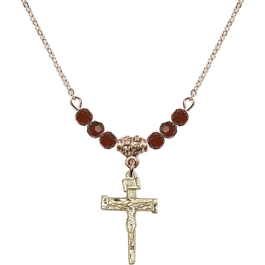 14kt Gold Filled Nail Crucifix Birthstone Necklace with Garnet Beads - 0072