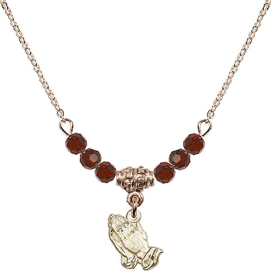 14kt Gold Filled Praying Hands Birthstone Necklace with Garnet Beads - 0220