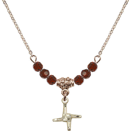 14kt Gold Filled Saint Brigid Cross Birthstone Necklace with Garnet Beads - 0291