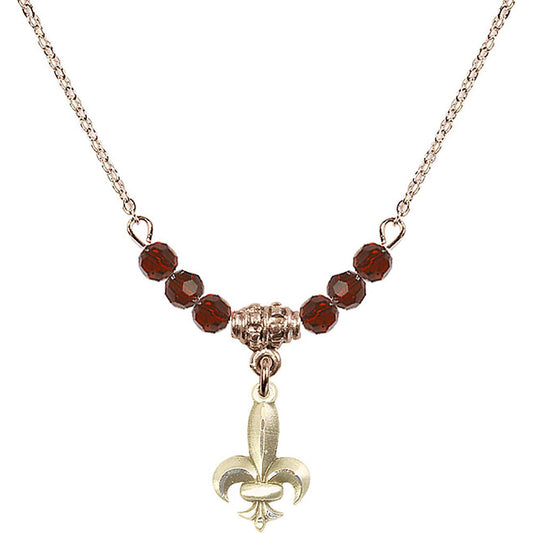 14kt Gold Filled Fleur de Lis Birthstone Necklace with Garnet Beads - 0293