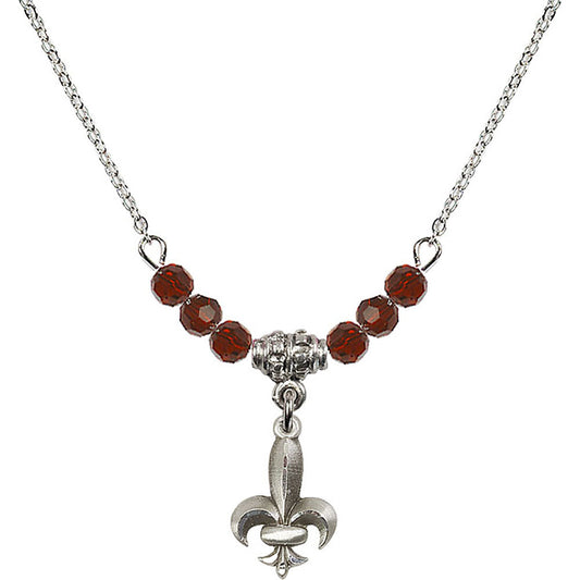 Sterling Silver Fleur de Lis Birthstone Necklace with Garnet Beads - 0293