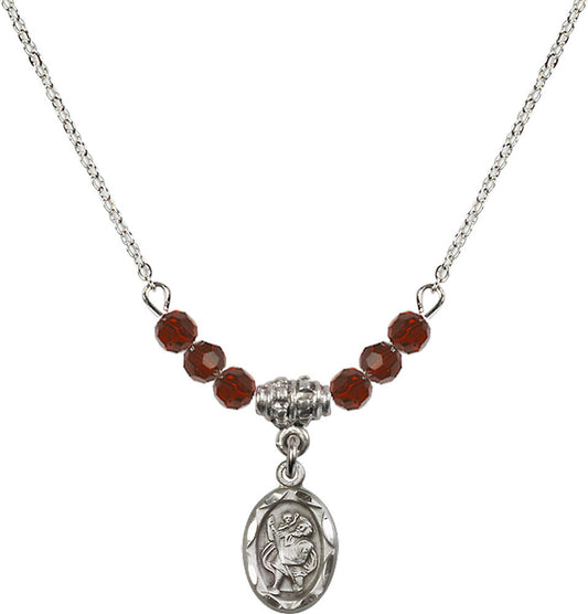 Sterling Silver Saint Christopher Birthstone Necklace with Garnet Beads - 0301
