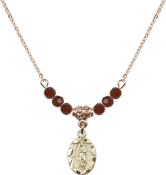 14kt Gold Filled Our Lady of Guadalupe Birthstone Necklace with Garnet Beads - 0301