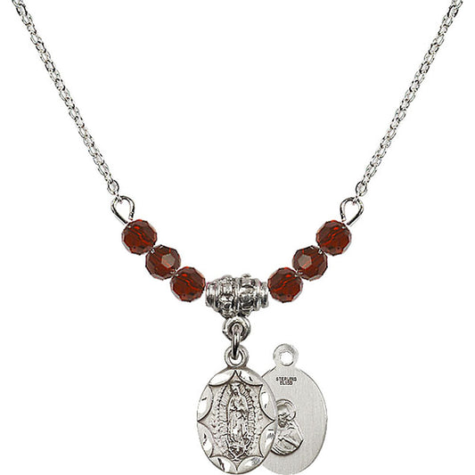 Sterling Silver Our Lady of Guadalupe Birthstone Necklace with Garnet Beads - 0301