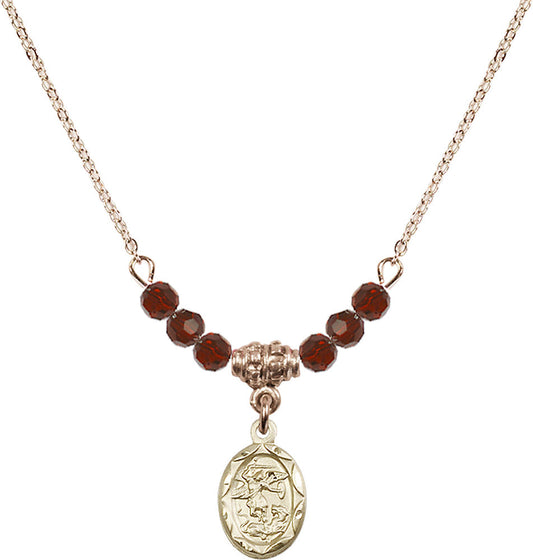 14kt Gold Filled Saint Michael the Archangel Birthstone Necklace with Garnet Beads - 0301