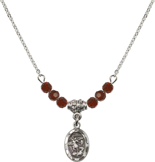 Sterling Silver Saint Michael the Archangel Birthstone Necklace with Garnet Beads - 0301