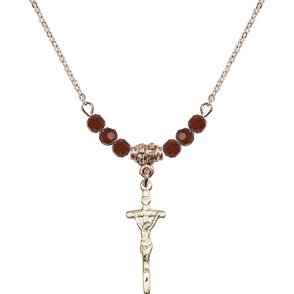 14kt Gold Filled Papal Crucifix Birthstone Necklace with Garnet Beads - 0563
