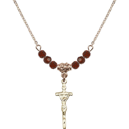 14kt Gold Filled Papal Crucifix Birthstone Necklace with Garnet Beads - 0563
