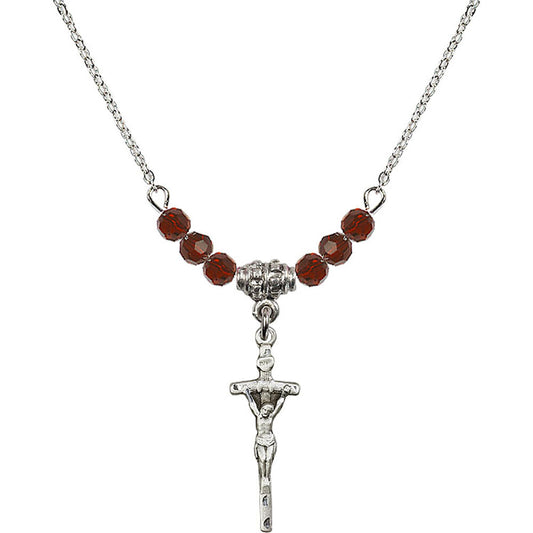 Sterling Silver Papal Crucifix Birthstone Necklace with Garnet Beads - 0563
