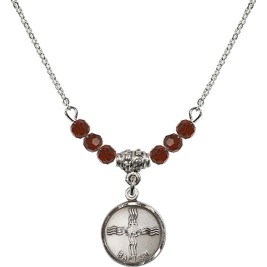 Sterling Silver Baptism Birthstone Necklace with Garnet Beads - 0601