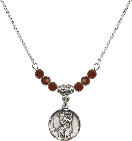 Sterling Silver Saint Christopher Birthstone Necklace with Garnet Beads - 0601