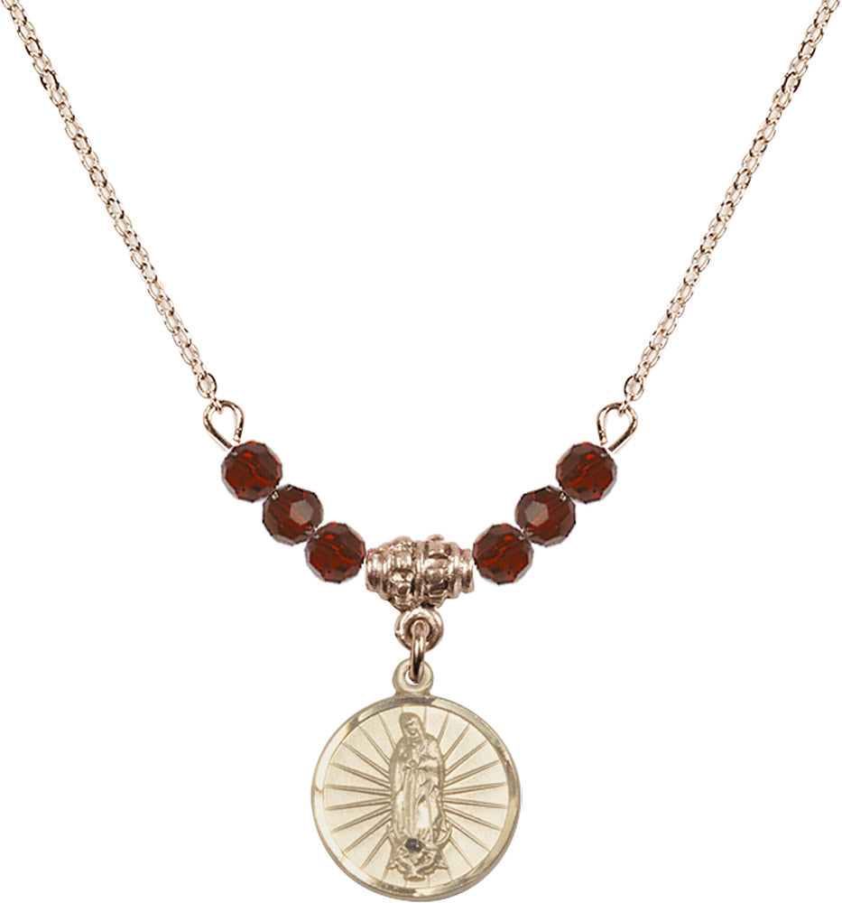 14kt Gold Filled Our Lady of Guadalupe Birthstone Necklace with Garnet Beads - 0601