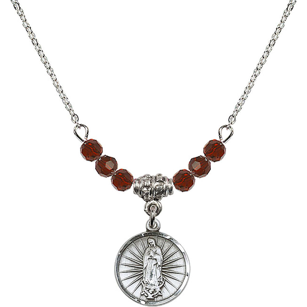 Sterling Silver Our Lady of Guadalupe Birthstone Necklace with Garnet Beads - 0601