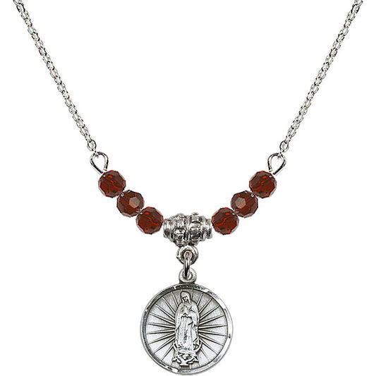 Sterling Silver Our Lady of Guadalupe Birthstone Necklace with Garnet Beads - 0601