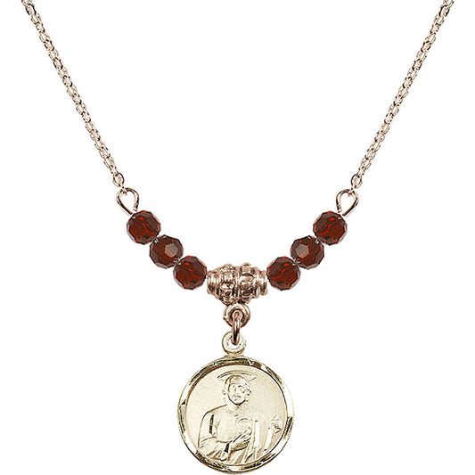 14kt Gold Filled Saint Jude Birthstone Necklace with Garnet Beads - 0601