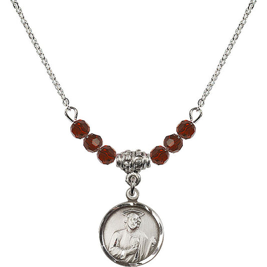 Sterling Silver Saint Jude Birthstone Necklace with Garnet Beads - 0601