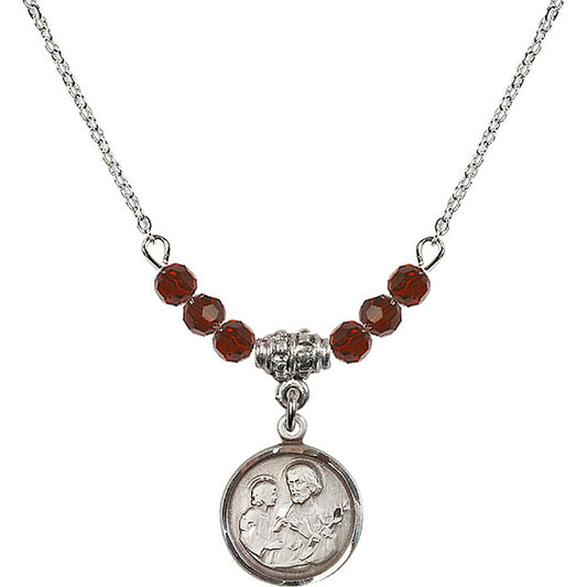 Sterling Silver Saint Joseph Birthstone Necklace with Garnet Beads - 0601