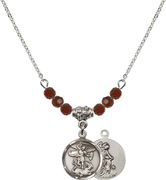 Sterling Silver Saint Michael the Archangel Birthstone Necklace with Garnet Beads - 0601