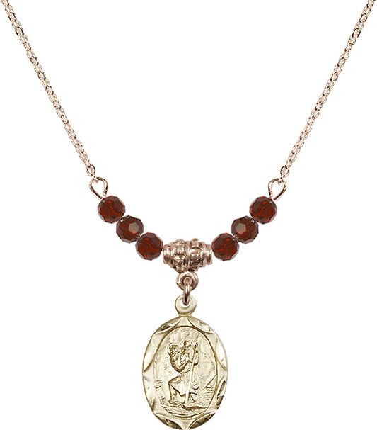 14kt Gold Filled Saint Christopher Birthstone Necklace with Garnet Beads - 0612