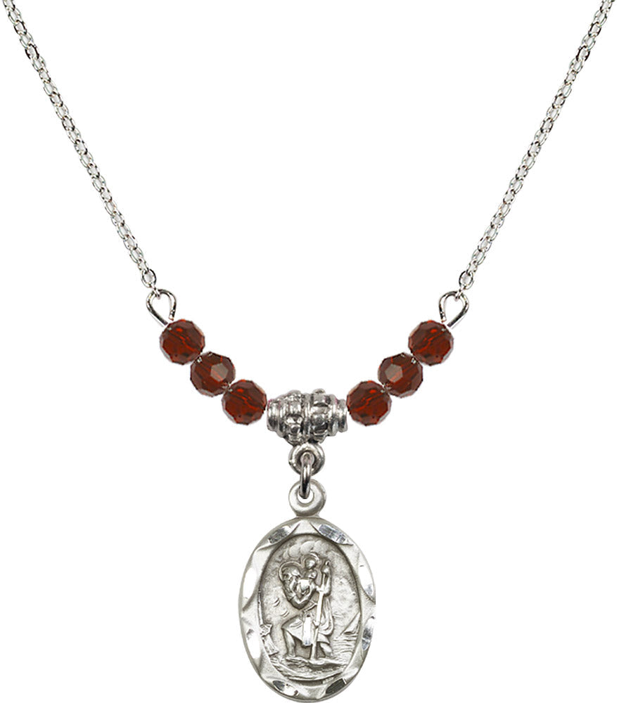 Sterling Silver Saint Christopher Birthstone Necklace with Garnet Beads - 0612