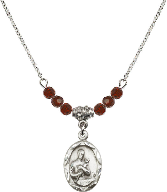 Sterling Silver Saint Gerard Birthstone Necklace with Garnet Beads - 0612