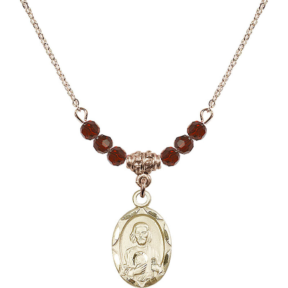 14kt Gold Filled Saint Jude Birthstone Necklace with Garnet Beads - 0612