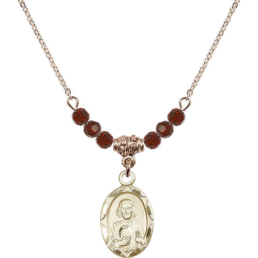 14kt Gold Filled Saint Jude Birthstone Necklace with Garnet Beads - 0612