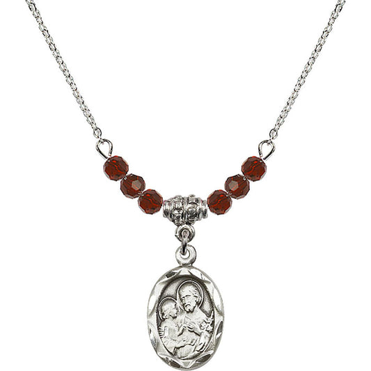 Sterling Silver Saint Joseph Birthstone Necklace with Garnet Beads - 0612
