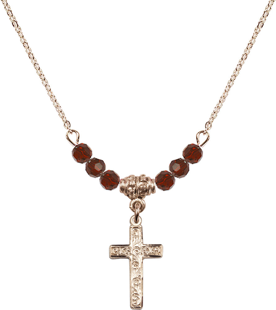 14kt Gold Filled Cross Birthstone Necklace with Garnet Beads - 0672