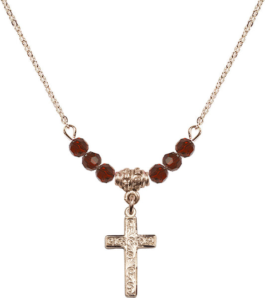 14kt Gold Filled Cross Birthstone Necklace with Garnet Beads - 0672