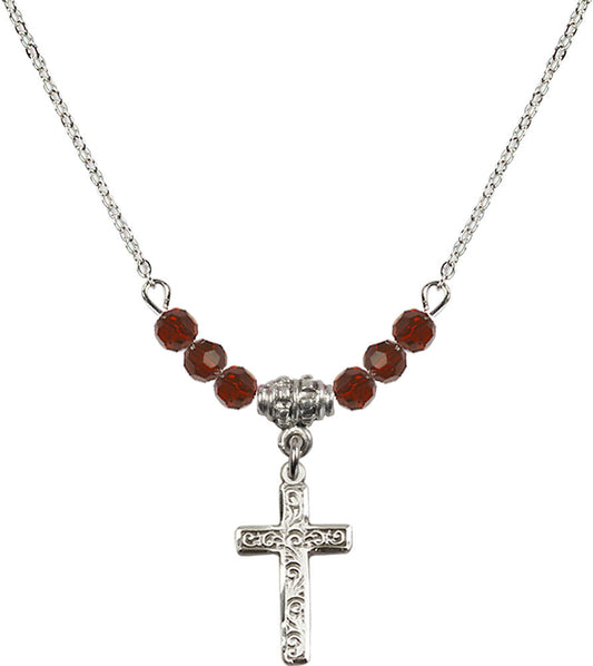 Sterling Silver Cross Birthstone Necklace with Garnet Beads - 0672