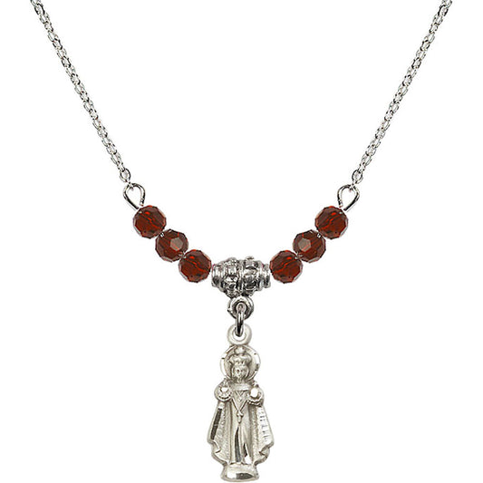 Sterling Silver Infant of Prague Birthstone Necklace with Garnet Beads - 0823